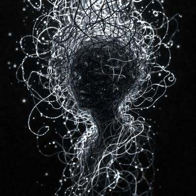 The primary subject of the image is a close-up of a person's head, with a focus on the eyes and the surrounding area. The setting is a dark background, which contrasts with the bright, glowing eyes. The visual style is a combination of digital art and illustration, creating a surreal and intriguing atmosphere. The colors are predominantly black and white, with the eyes being the only color, adding a sense of depth and intensity to the scene.